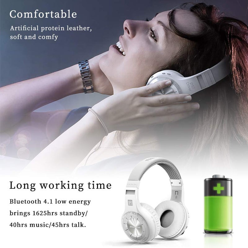 Bluedio Bluetooth 5.0 Headphones Over Ear, Wireless and Wired Bluetooth On-Ear Stereo Earphones Noise Cancelling Headsets with Microphone, Line-in/Line-Out//Voice Contrl (White) - Image 4